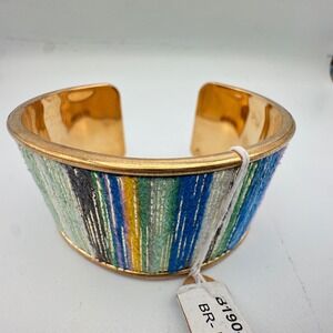 Multicolor Striped Woven Fabric Gold Tone Statement Wide Cuff Bracelet Metallics